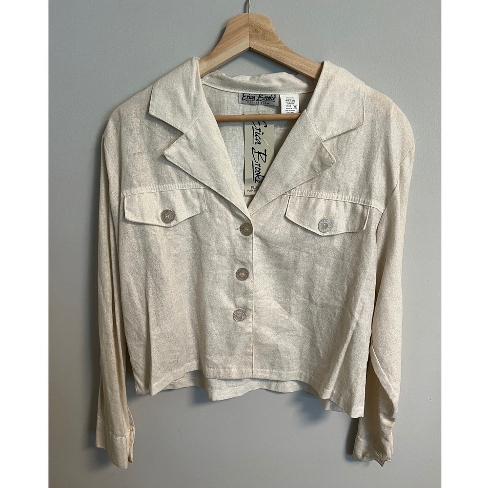 Vintage Erica Brooke Linen Blend Cropped Blazer Jacket 14 Plus Cream Shimmer